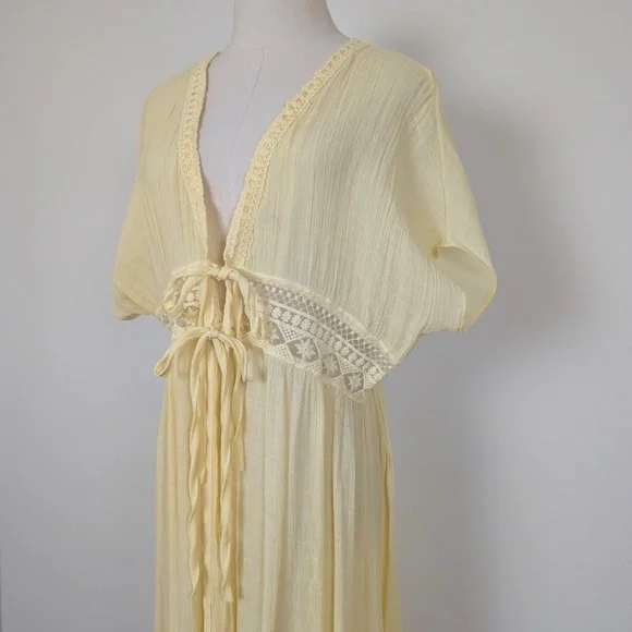 Vintage Butter Yellow Maxi Cardigan Front Ties Sheer Crochet Floor Length - Picture 4 of 10